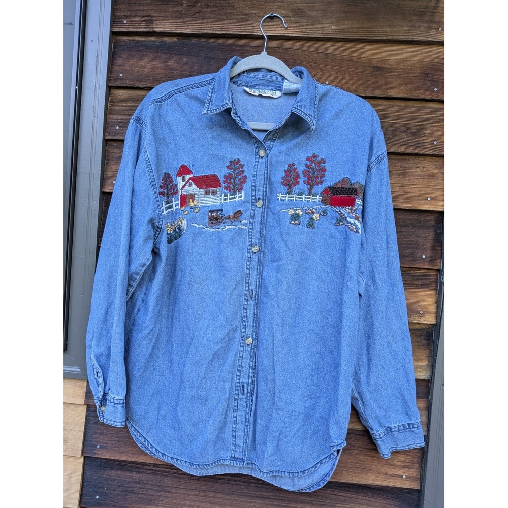 Vintage Cow Barn Embroidered Denim Shirt Farmcore Cottagecore Floral L